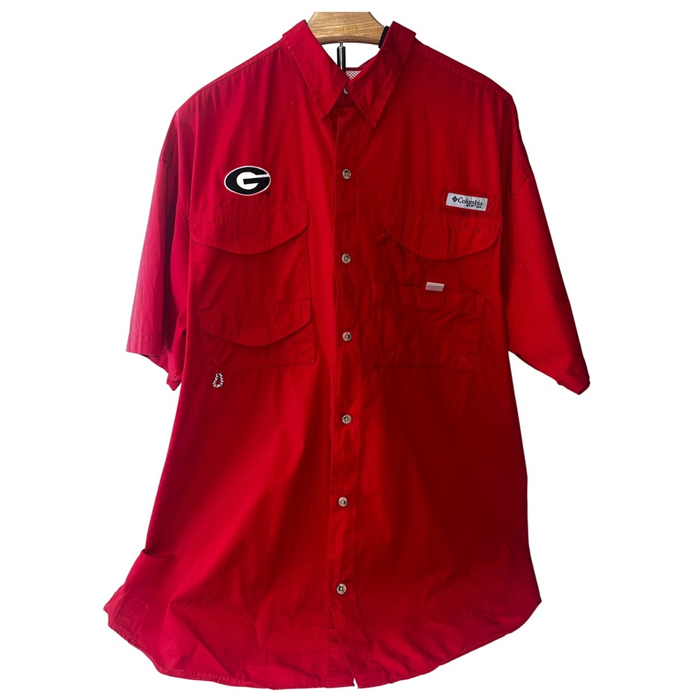 Columbia PFG Red Short Sleeve‎ Fishing Shirt Georgia Bulldogs Logo Men's L